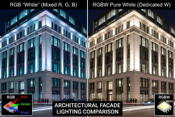 A side-by-side comparison of a building lit with RGB white and RGBW pure white
